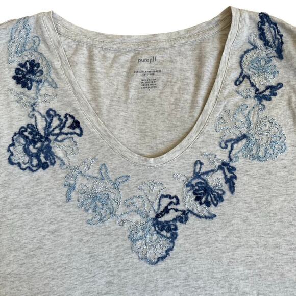 J. Jill PureJill Embroidered Jersey Top Cream Blue Puff Sleeve Peasant Blouse - Picture 8 of 16